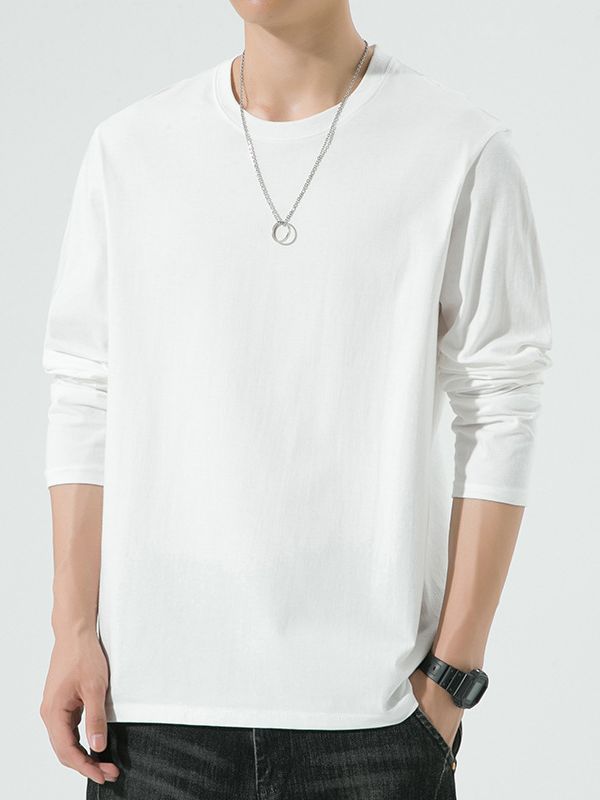 230G Long-Sleeved T-shirt Men's Pure Cotton Solid Color Loose Top Spring and Autumn round Neck White Inner Bottoming Shirt Men's Clothing