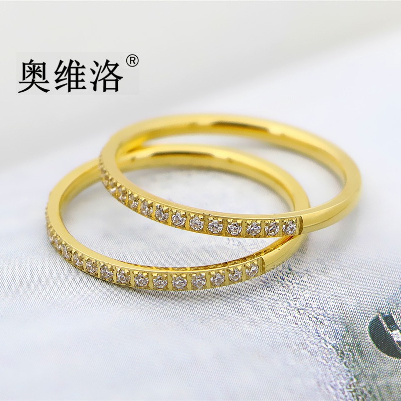 奥维洛韩版钛钢高端微镶时尚金色极细女生轻奢单戒潮流精美小戒指