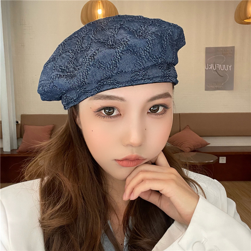 网红肌理感个性牛仔贝雷帽子女春秋韩版潮复古时尚蓓蕾画家帽八角