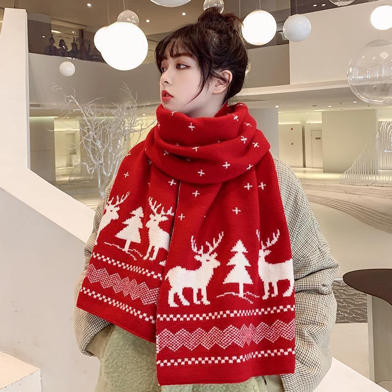 Christmas Gift Scarf Women's Autumn and Winter Knitted Thickened Warm Double-Sided Scarf Red Couple Korean Style Long Scarf