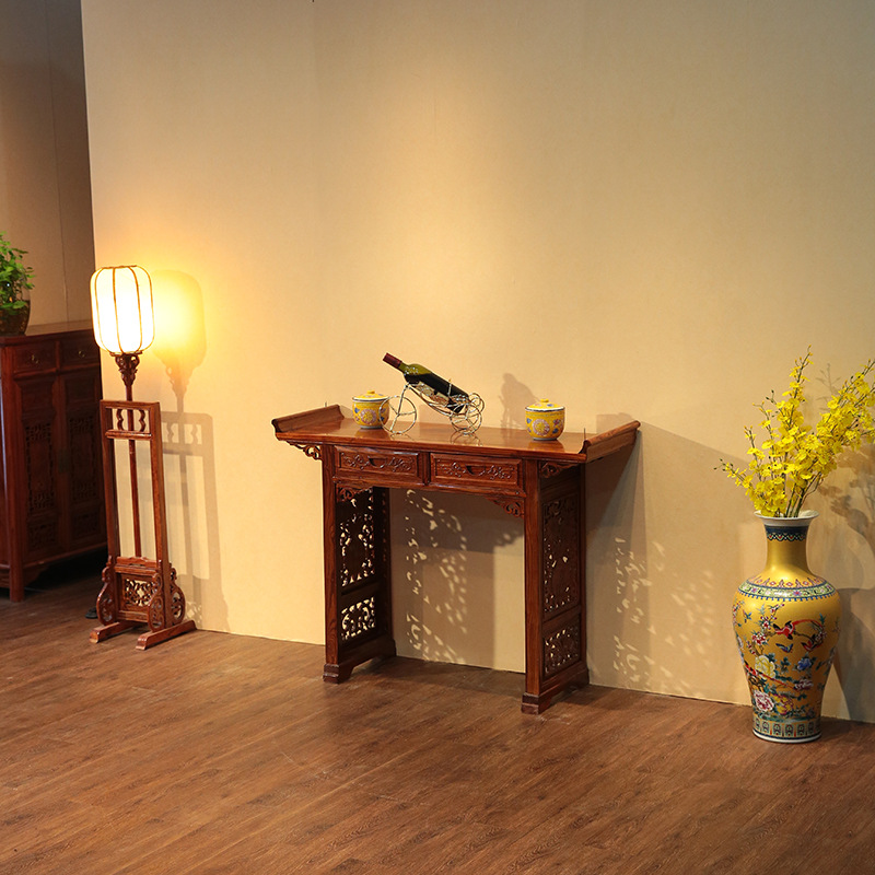 实木条案供桌明清古典 中式仿古家具 榆木 两抽雕花花瓶翘头条案