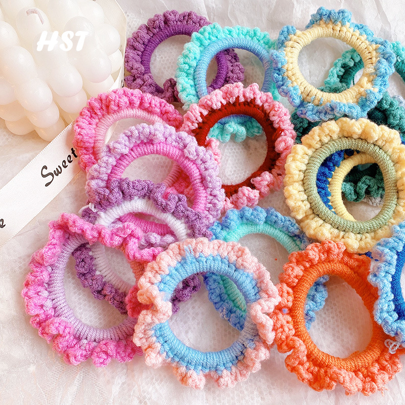 9329 早秋ins网红拼色手工针织钩织毛线木耳花边少女发圈发绳发饰