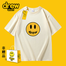 drew doll联名款2023年夏季卡通字母笑脸印花圆领情侣短袖男T恤