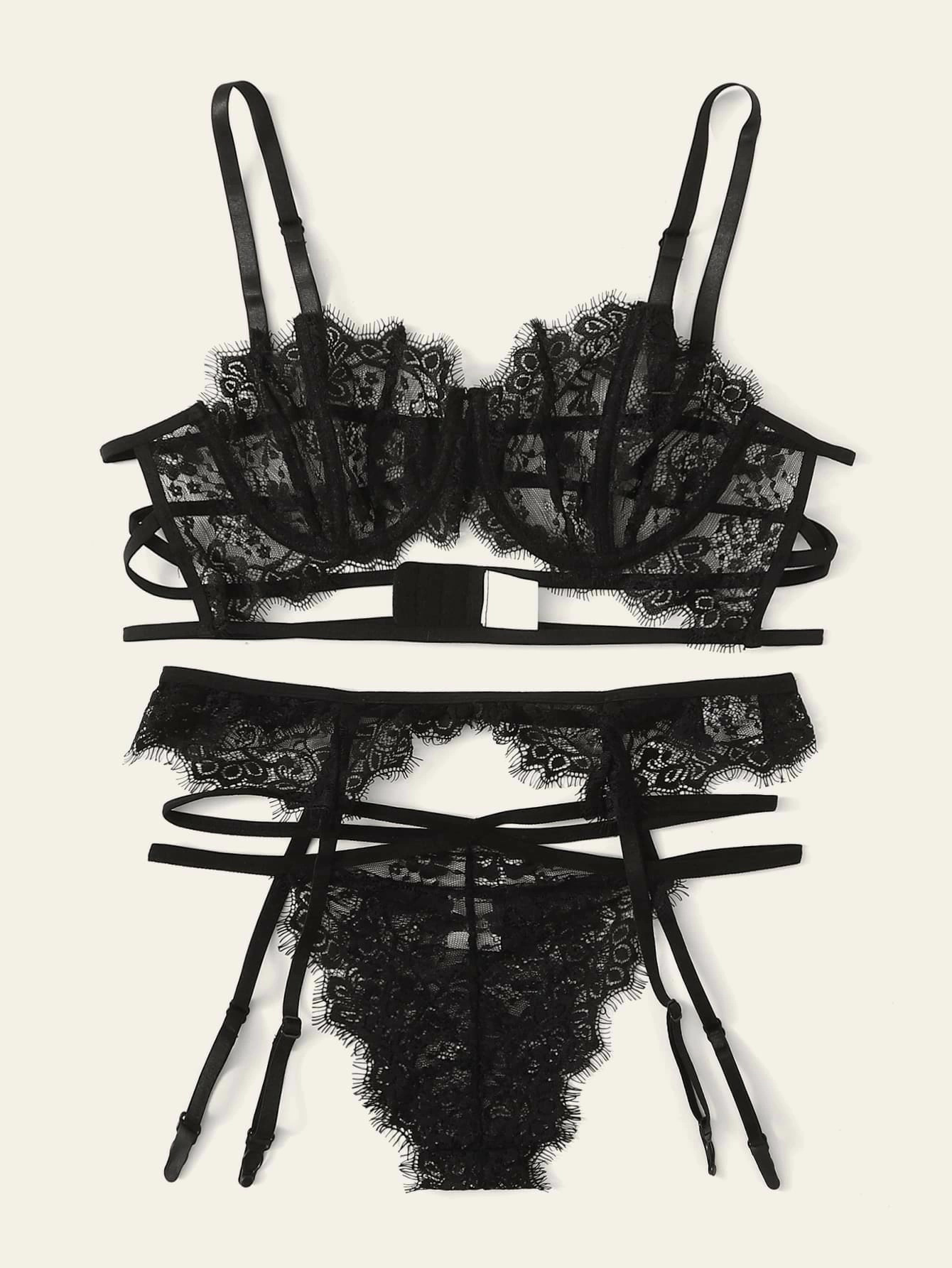 2021重工艺欧美情趣内衣套装 有钢圈黑色蕾丝三件套 性感情趣套装