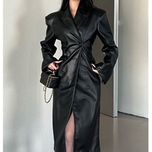 黑色时尚设计感西装领皮夹克外套过膝中长款大衣秋季新款女装