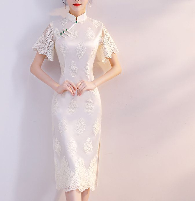 改良少女旗袍连衣裙中长款年轻2024夏季新款日常年会婚庆蕾丝礼服