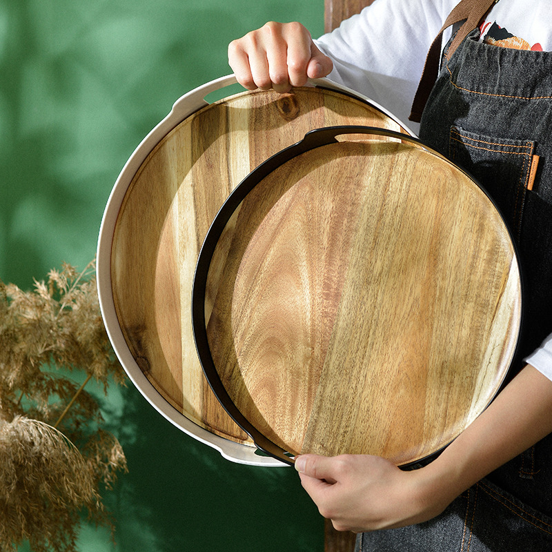 Acacia Mangium round Tray Wooden Portable Bread Baking Drinking Ware Tray Hotel Restaurant Serving Plate