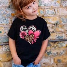 跨境童装女童夏装圆领短袖T恤2024新款外贸时髦豹纹爱心印花上衣