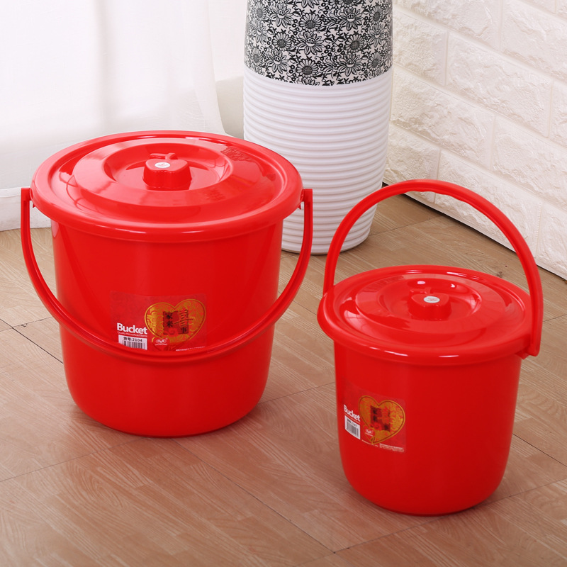 Wedding Big Red round Plastic Xi Bucket Moving into the New House Moving Big Red Bucket Rice Bucket Water Storage Bucket with Lid 0594