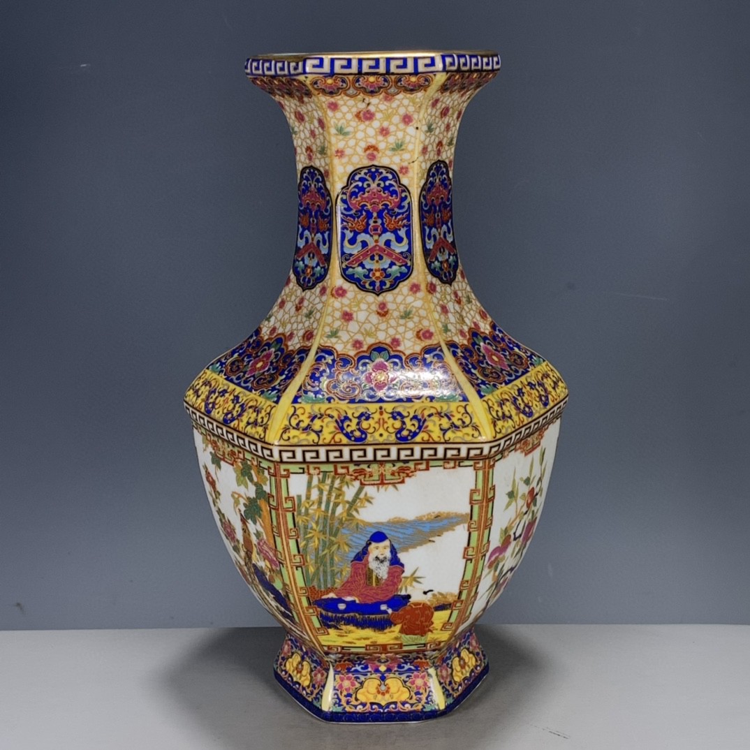 回流古玩杂项古董旧货瓷器清代雍正卢芹斋粉彩描金人物故事花瓶