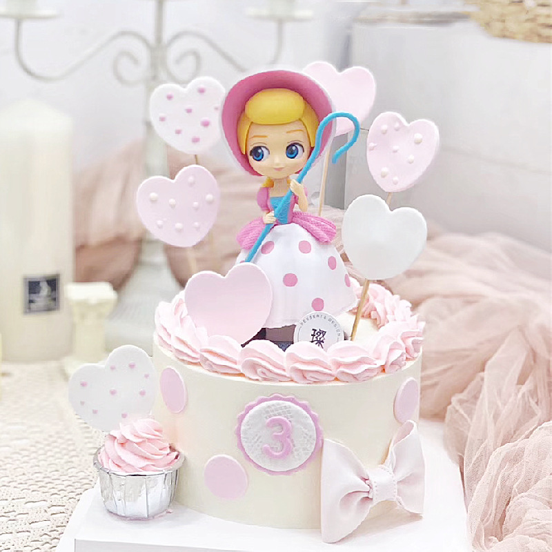 生日蛋糕装饰 摆件牧羊女粉裙带帽拐杖女孩公主 玩偶装扮动画人物