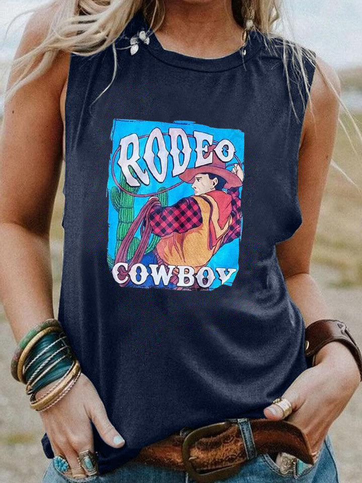 rooeo cowboy牛仔印花 欧美宽松休闲无袖背心t恤女 定制一件外贸