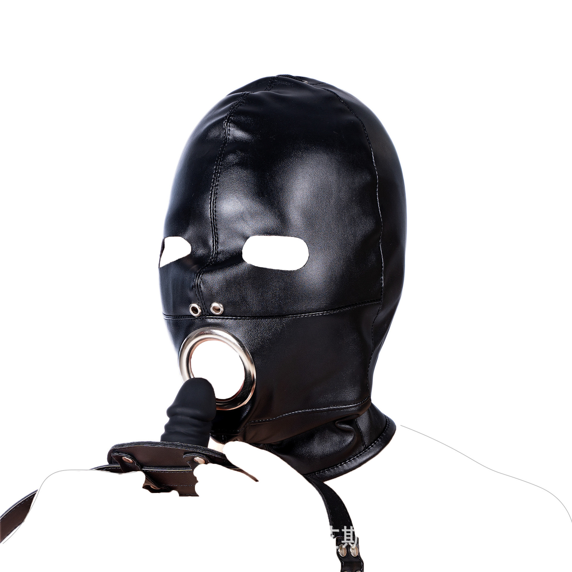 成人情趣黑色可拆卸眼罩口球系带全包头套面具皮革面罩束缚品批发