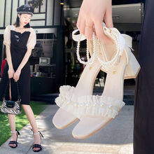 凉鞋女仙女风法式小众设计感蝴蝶结绑带一字带珍珠夏季高跟凉鞋女