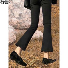 黑色微喇裤女年秋冬季新款小个子加绒牛仔秋款喇叭裤子