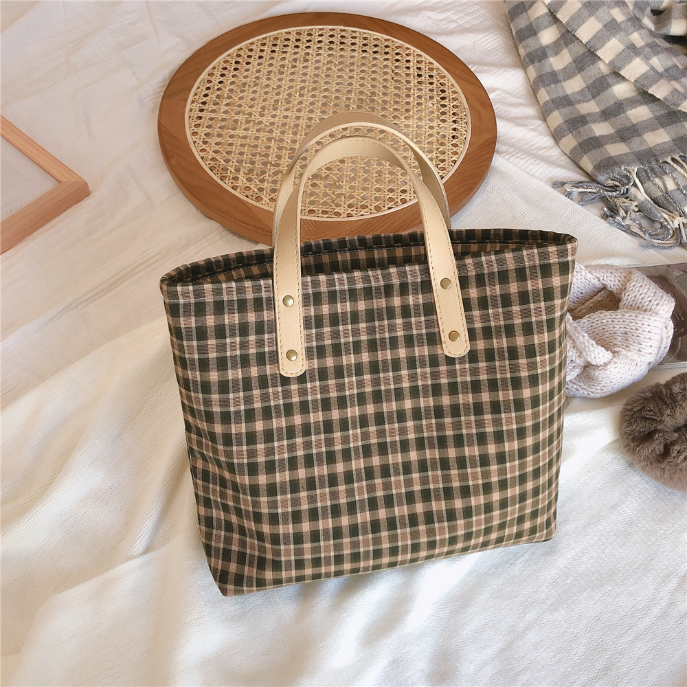 文艺格子小方包手提女布包加厚拉链英伦学院风气质手拎包妈咪包