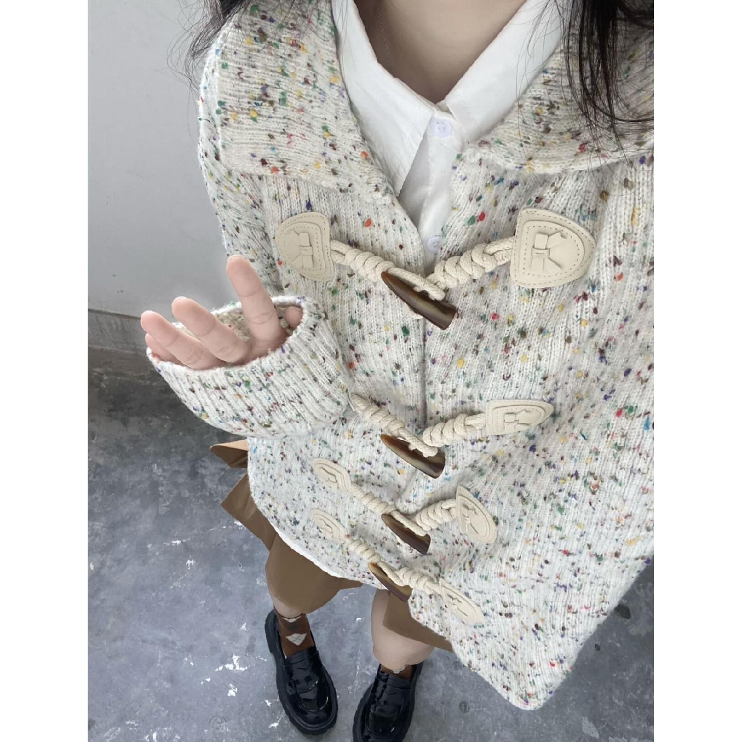 波点牛角扣毛衣外套开衫女秋秋新款宽松慵懒风polo领针织衫上衣潮