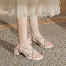 金罡CG5506粗跟高跟凉鞋2024新款夏季时尚性感水钻带子女鞋外穿
