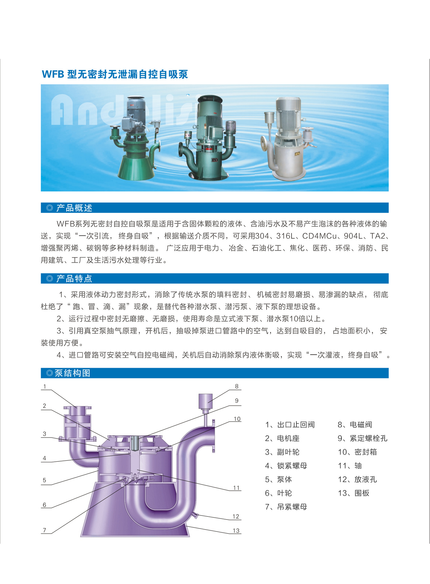 wfb型无密封无泄漏自控自吸泵 污水泵 大流量自吸泵