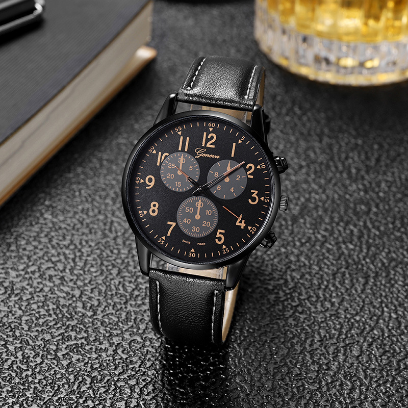 Foreign Trade Popular Style Men's Leather Belt Watch Casual Business Geneva Fake Three-Eye Quartz Watch Men in Stock Wholesale