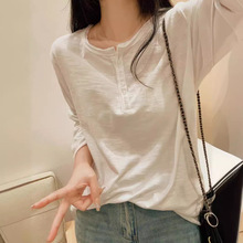 夏季新款韩版水洗竹节棉领口毛边设计系扣修身显瘦套头圆领上衣女