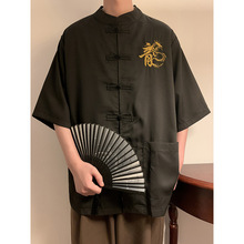 新中式男装国风盘扣衬衫短袖男款夏季感立领唐装龙纹刺绣衬衣