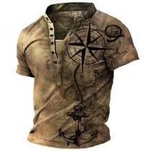 男士复古世界地图指南针亨利T恤3D打印男士开扣圆领休闲短袖上衣