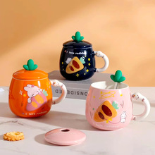 创意浮雕马克杯可爱兔子陶瓷杯卡通少女心带盖勺咖啡杯实用早餐杯