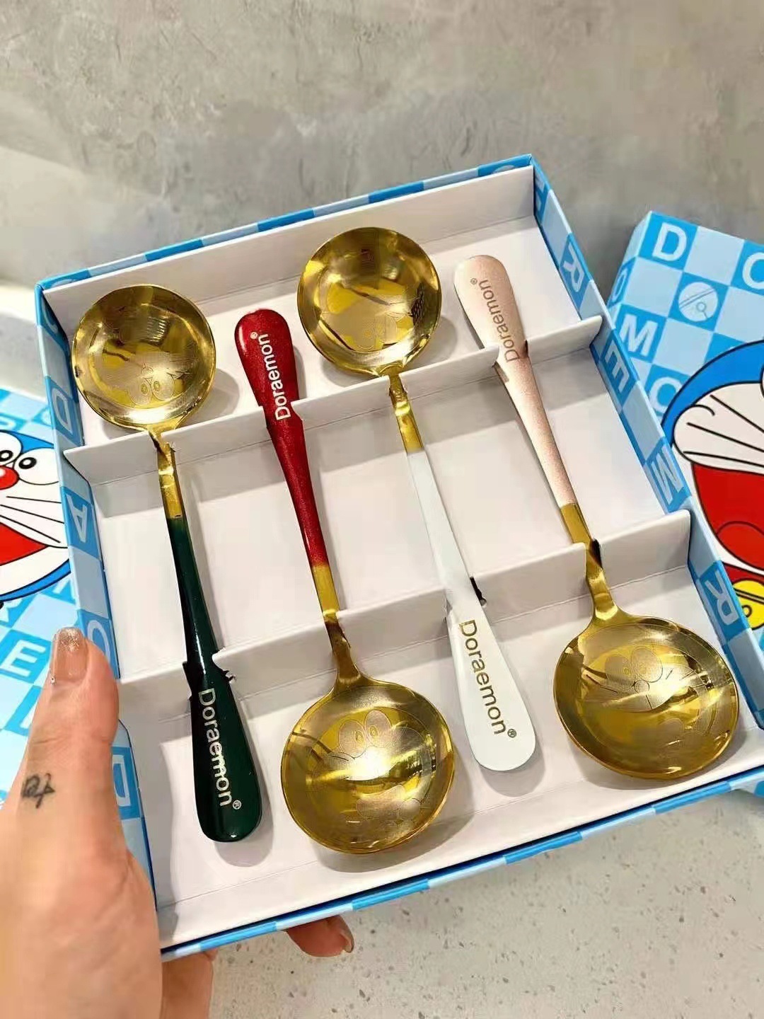 哆啦a梦大饭勺四件套礼盒叮当猫不锈钢大饭勺可爱汤勺创意甜品勺