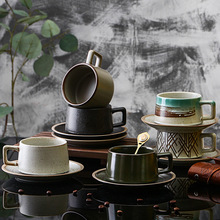 跨境创意日式复古咖啡杯碟套装陶瓷水杯马克杯牛奶杯带勺餐具商用