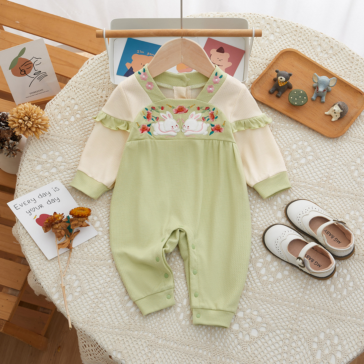 婴儿秋装国风婴儿衣服刺绣小兔宝宝衣服春秋新生儿衣服婴儿连体衣