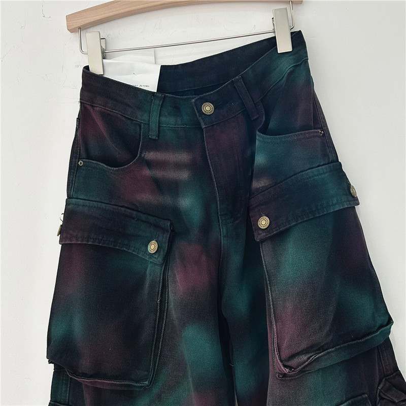 Fashion Brand Graceful Personality Fashion Street Tie-Dyed Color Multi-Pocket Design Unique Chic Tooling Straight Jeans