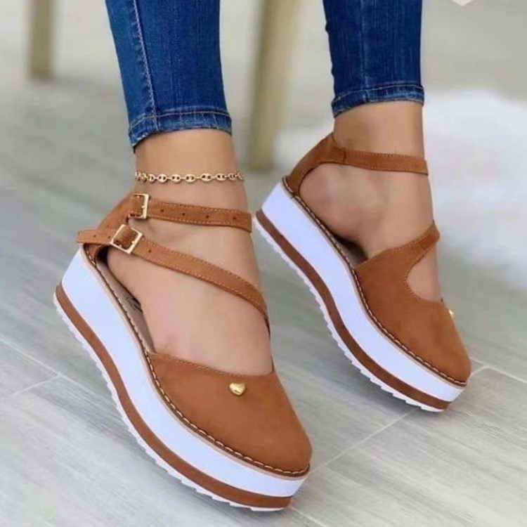 2022春季新款外贸大码厚底包头凉鞋女坡跟圆头中空单鞋搭扣沙滩鞋