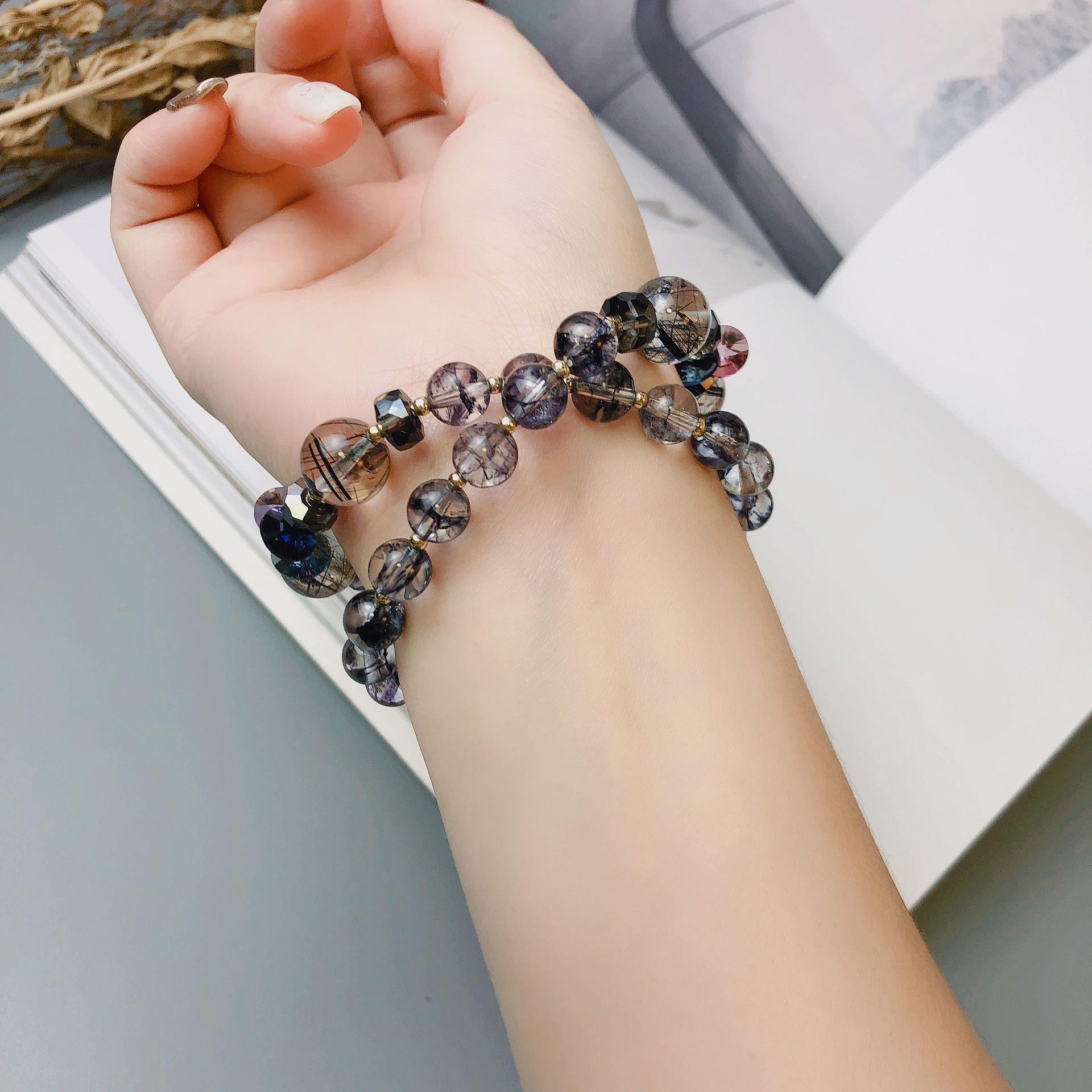 茶晶凤羽幽灵金发晶手链两圈奥地利水晶手串手工串珠饰品配饰首饰