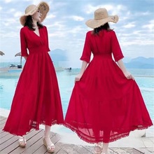 茶卡盐湖旅拍红色连帽长袖大摆长裙雪纺仙女连衣裙度假沙滩裙