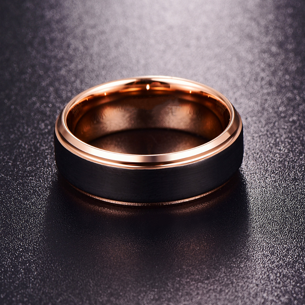 亚马逊欧美货源 8mm黑色磨砂面玫瑰金不锈钢戒指男士戒指双色现货