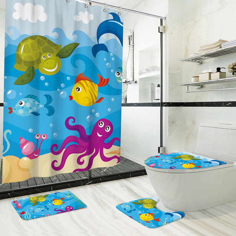 Nordic Instagram Style Shower Curtain Four-Piece Cartoon Marine Animal Digital Printing Amazon Hot Sale Bathroom Curtain Full Set