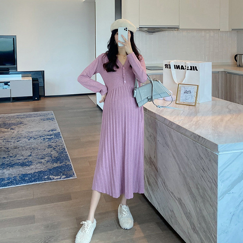 Maternity Dress 2023 Autumn and Winter New Pregnant Women's Knitting Dress Loose V-neck Bottoming Dress Sweater Mid-Length Pleated Skirt