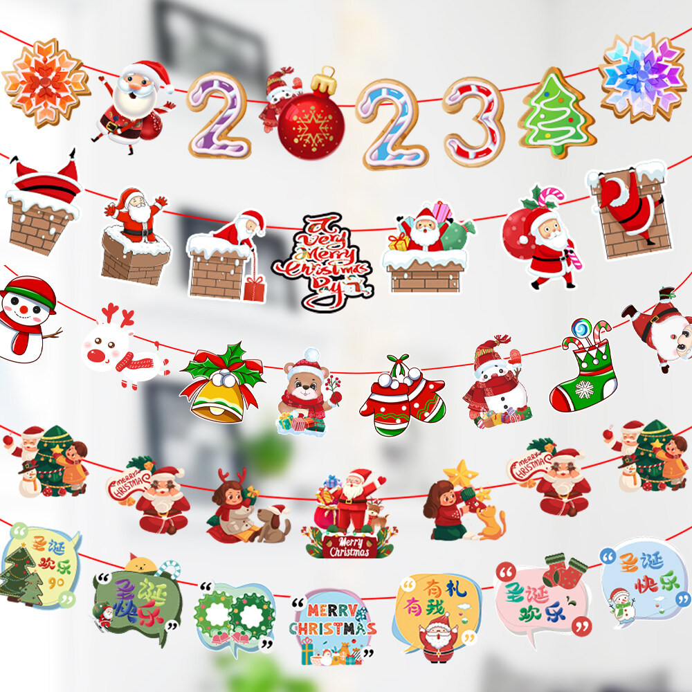 2023 New Christmas Decoration Cartoon Paper Hanging Flag Christmas Party Event Scene Atmosphere Layout Colorful Flags