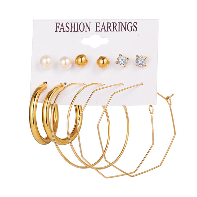 European and American Inlaid Pearl Women's Earrings Creative French Retro Gold Ear Ring Suit 9 Pieces Set
