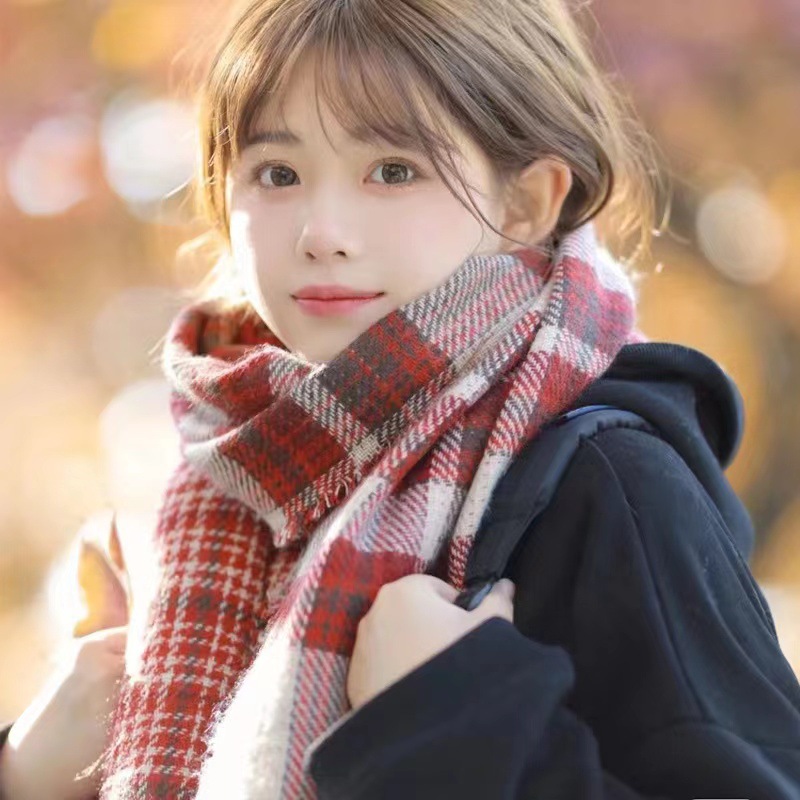 2022 South Korea Dongdaemun Double-Sided Plaid Knitted Warm Vintage Christmas Scarf Women's Autumn and Winter Cashmere Ins
