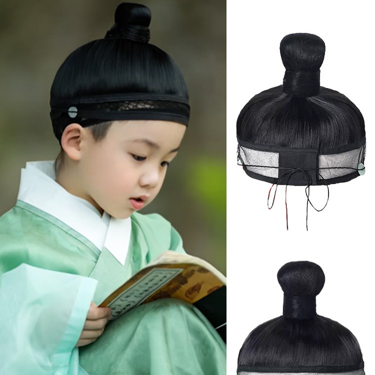 儿童汉服假发古装一体式明制抹额全头套古风男童舞台演出网巾发髻