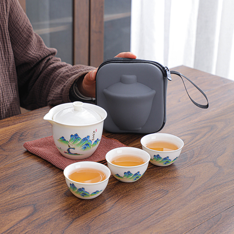 旅行茶具茶壶快客杯便携式套装白瓷户外随身包一壶三杯小礼品批发