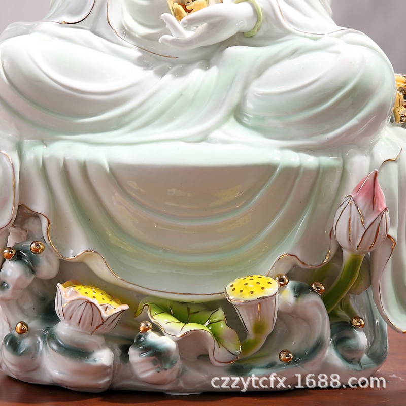 潮州珍艺陶瓷佛像南海观世音菩萨龙泉石座水莲观音菩萨佛像瓷摆件