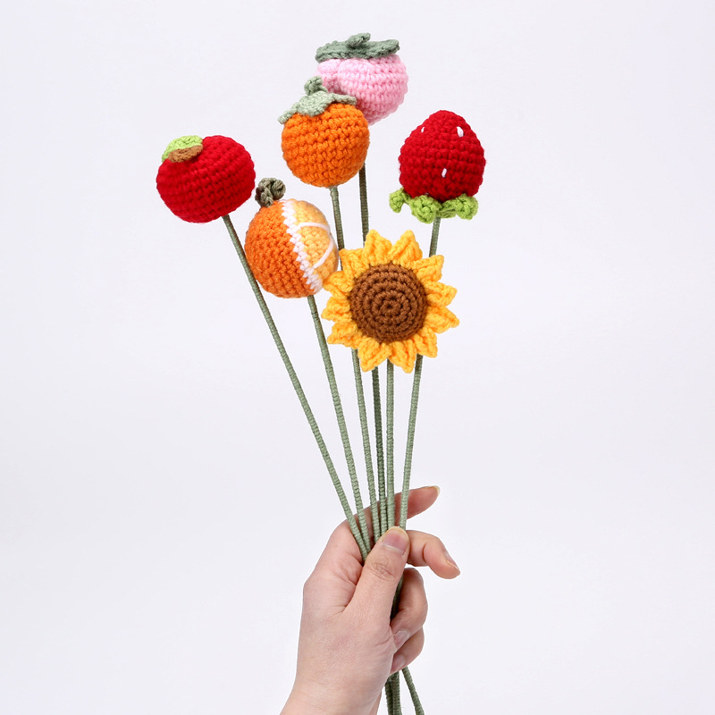 Knitted Wool Finished Persimmon Apple Strawberry Puff Flower Simulation Bouquet Sunflower Student Gift Present