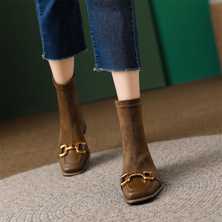 欧美风复古马衔扣方头低跟瘦瘦靴2022年秋季新款弹力绒面拉链短靴