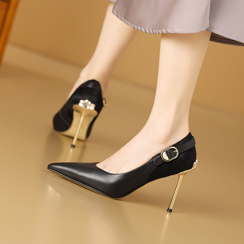 宴会正装高跟鞋新款女鞋尖头细跟金属跟皮带扣细跟辣妈名媛单鞋女