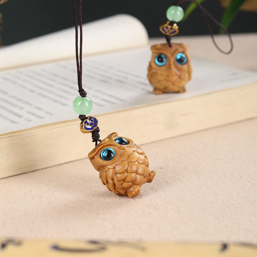 绿檀木雕猫头鹰手机链钥匙扣男女可爱小动物吊坠创意手机挂饰礼物
