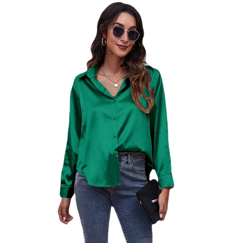 Popular Real Shot Satin Shirt Women's Satin Artificial Silk Long Sleeve Shirt New European and American Foreign Trade Cross-Border Women's Clothing Women Clothes