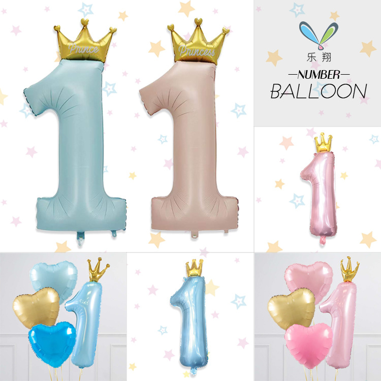 cross-border new arrival pink blue large 124cm crown aluminum balloon number 1 year old baby full-year party deployment and decoration